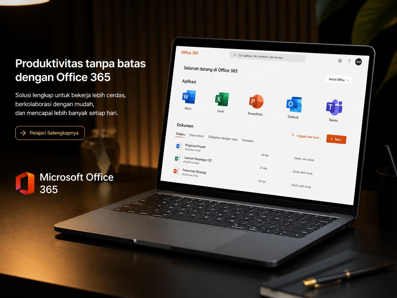 Laptop menjalankan Microsoft Office 365 dengan Word, Excel, PowerPoint, Outlook, dan Teams